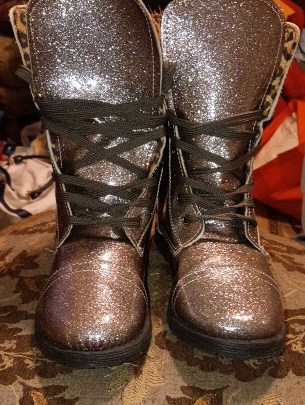 Sparkle Combat Boots - Women's Glitter Brown Lace-Up Boots
